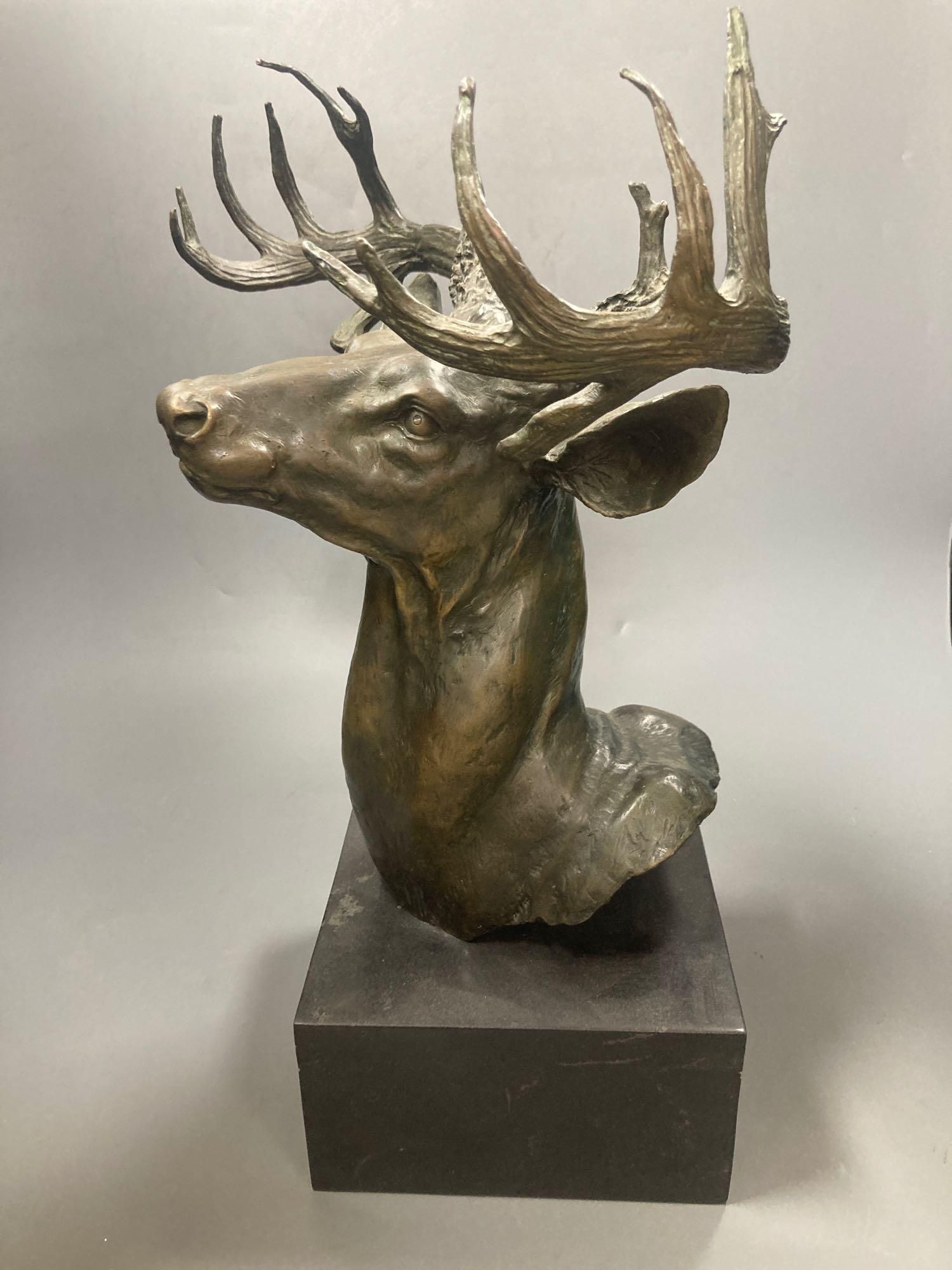 A bronze model of a stags head, 45cm including plinth